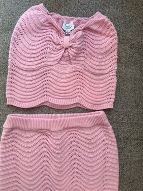 Pink Knit Two-Piece Set - Textured Wave Stitch